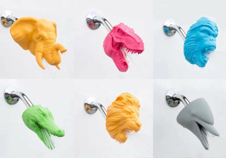 Prysznic z wydrukowaną w 3D głową delfina, dinozaura lub smoka od Zooheads